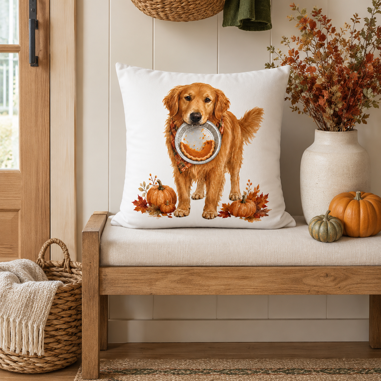 Thanksgiving Golden Retriever Pillow Cover – Double-Sided