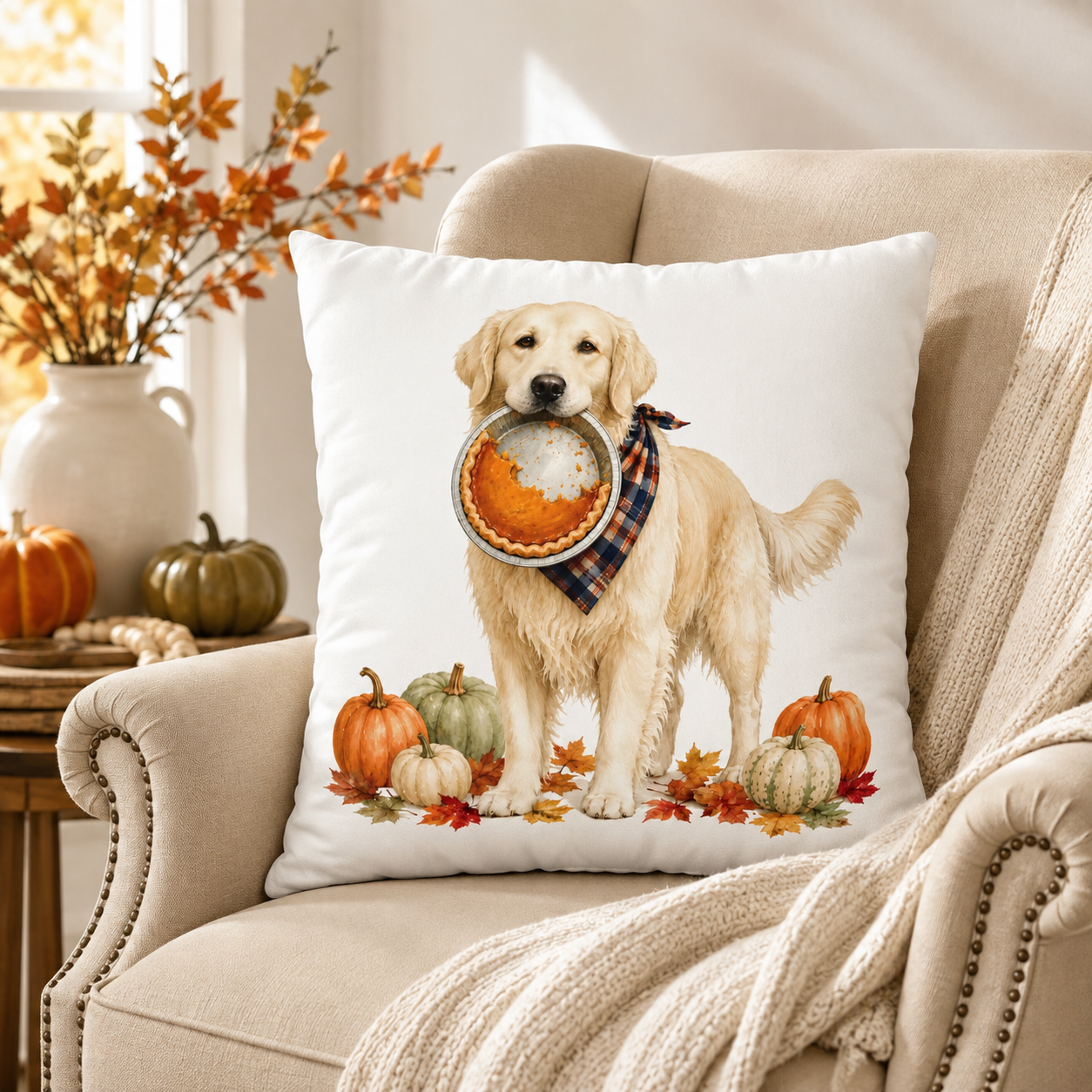Thanksgiving English Cream Golden Retriever Pillow Cover – Double-Sided