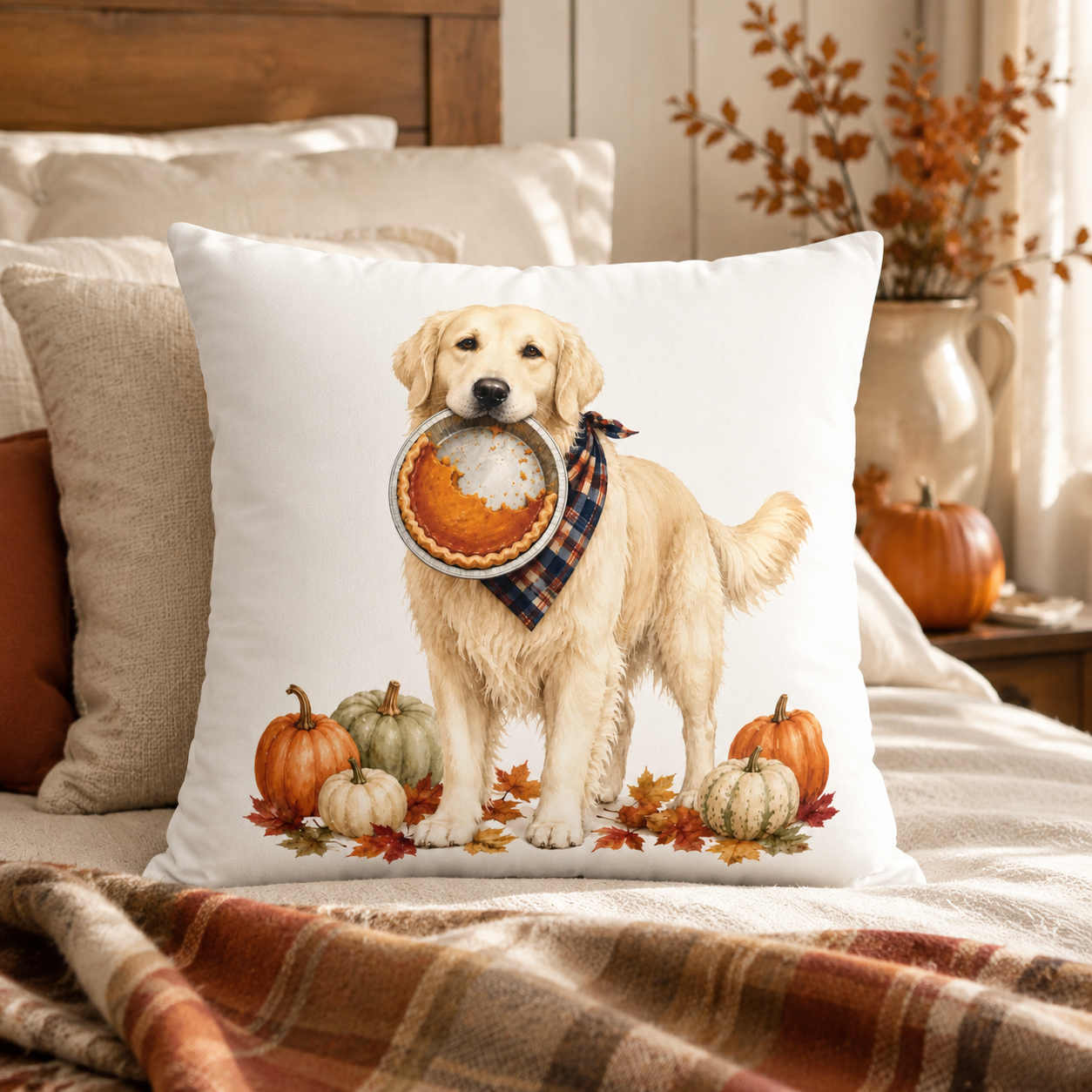 Thanksgiving English Cream Golden Retriever Pillow Cover – Double-Sided