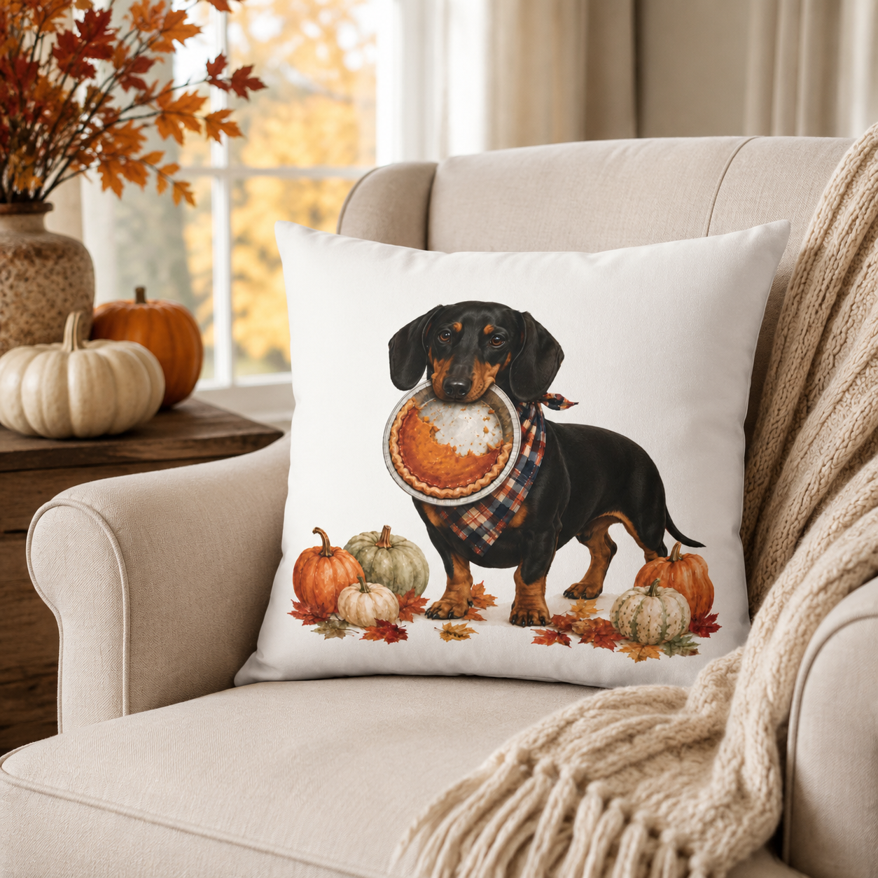 Thanksgiving Black-and-Tan Dachshund Pillow Cover – Double-Sided