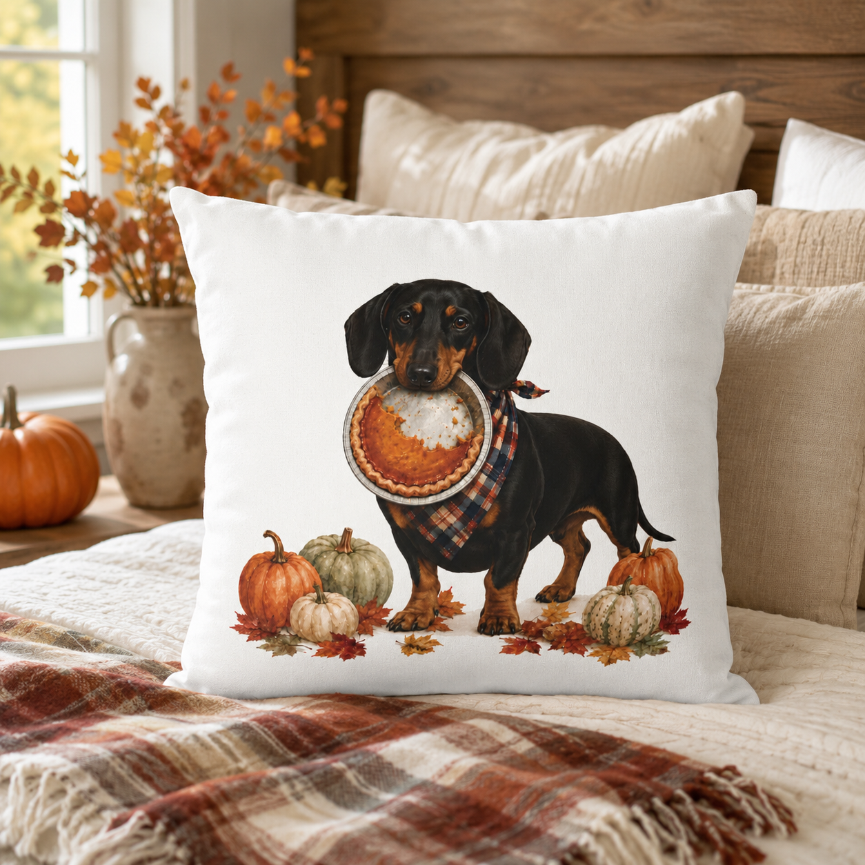 Thanksgiving Black-and-Tan Dachshund Pillow Cover – Double-Sided