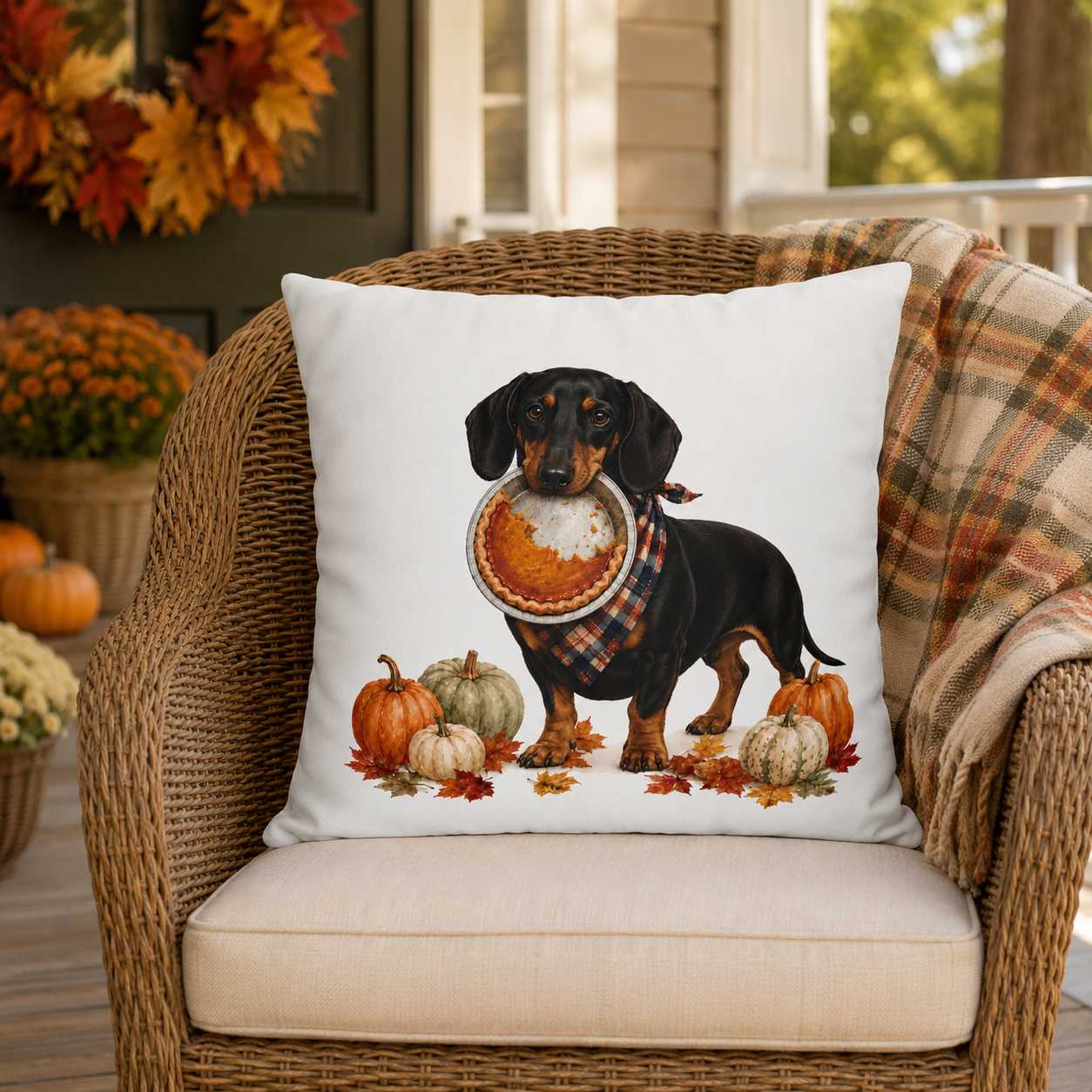 Thanksgiving Black-and-Tan Dachshund Pillow Cover – Double-Sided