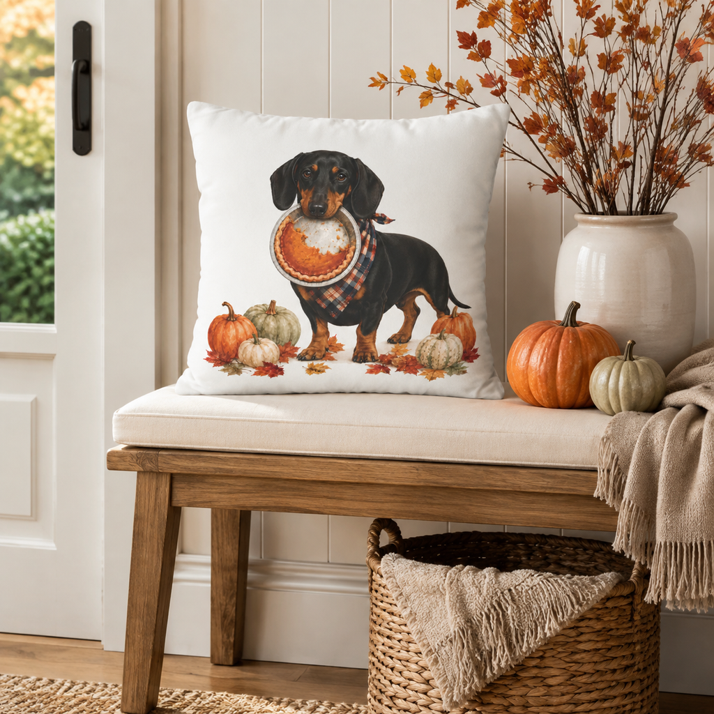 Thanksgiving Black-and-Tan Dachshund Pillow Cover – Double-Sided