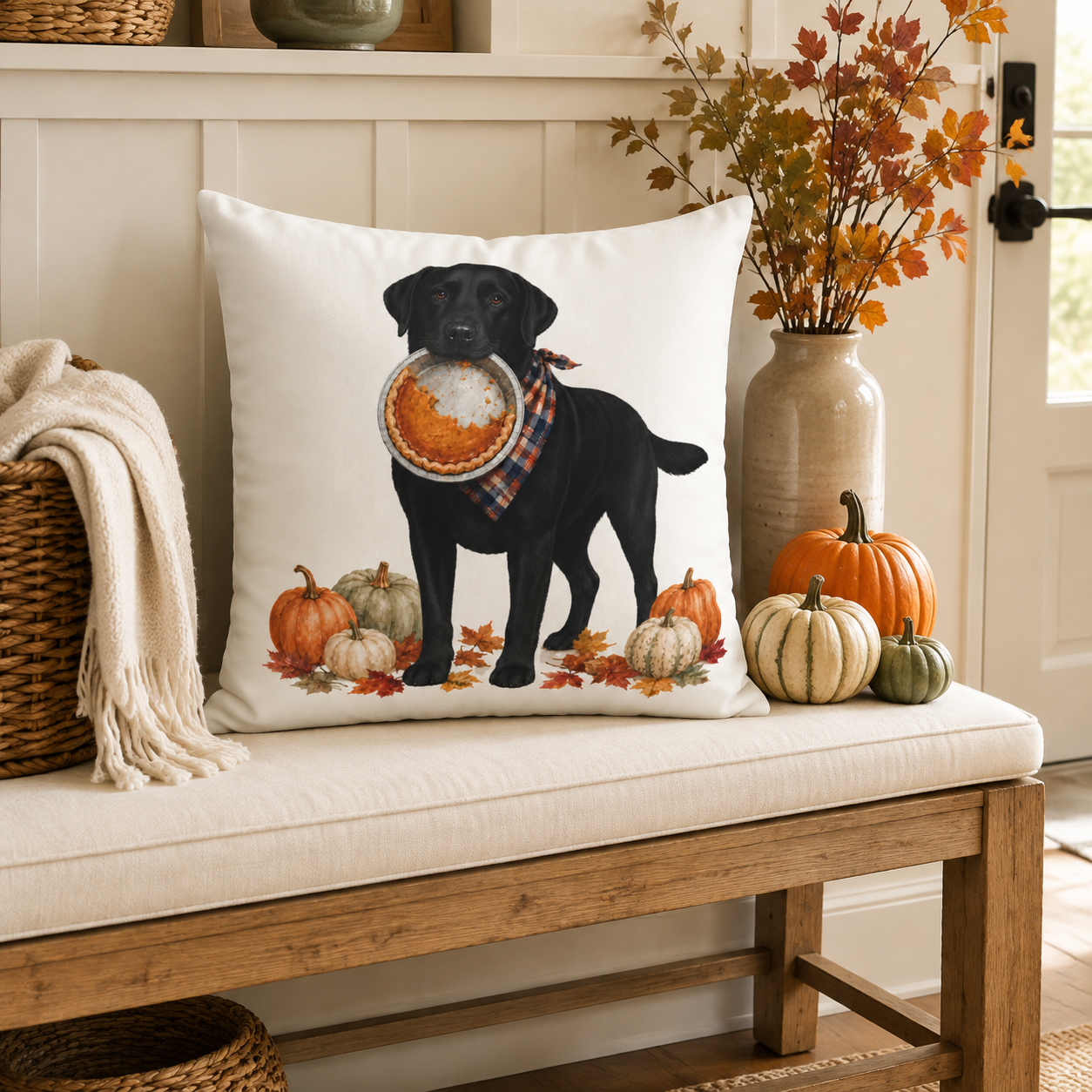 Thanksgiving Black Lab Pillow Cover – Double-Sided