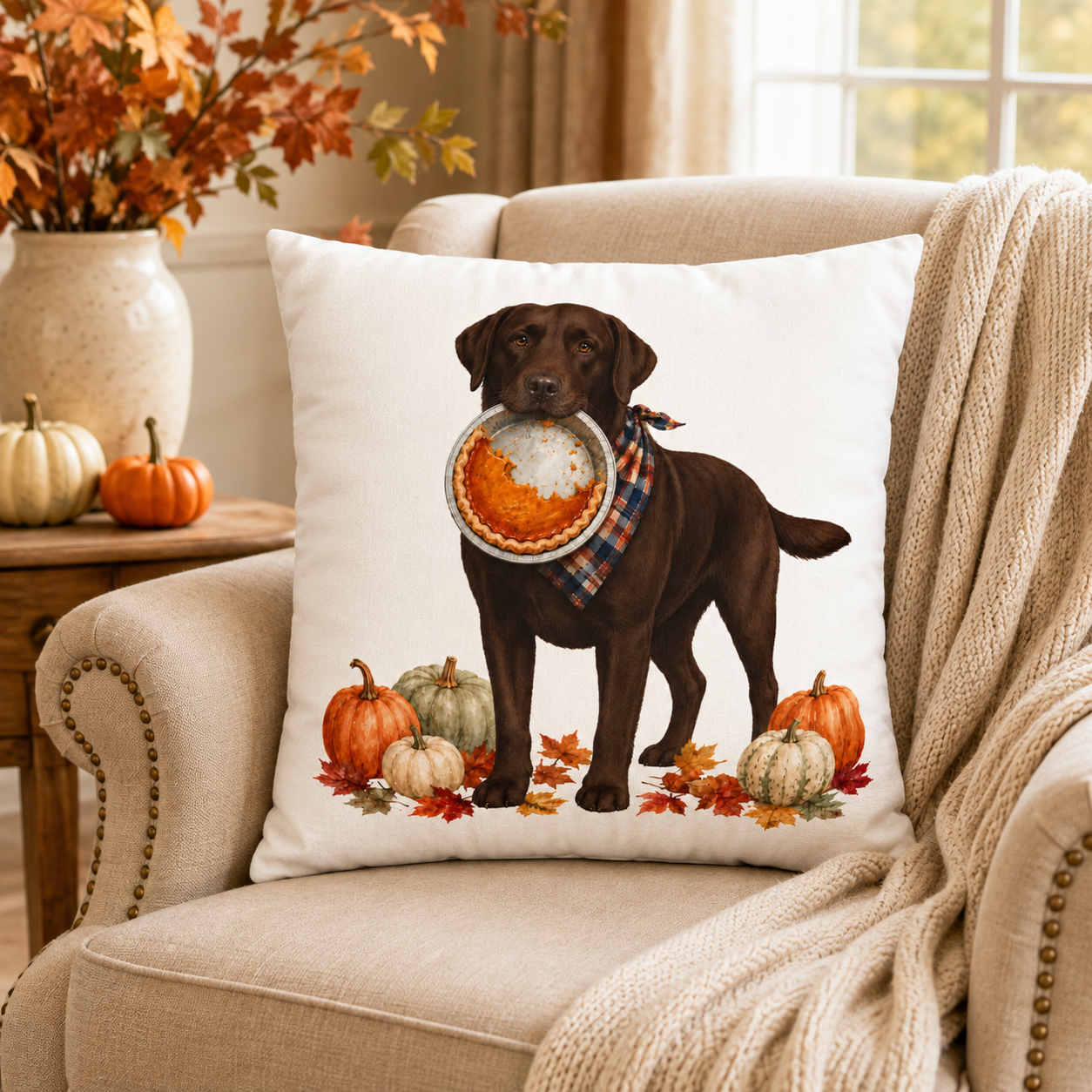 Thanksgiving Chocolate Lab Pillow Cover, Labrador Fall Decor, Pumpkin Pie Dog Lover Gift