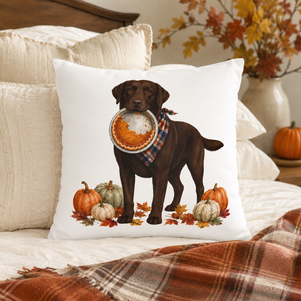 Thanksgiving Chocolate Lab Pillow Cover, Labrador Fall Decor, Pumpkin Pie Dog Lover Gift