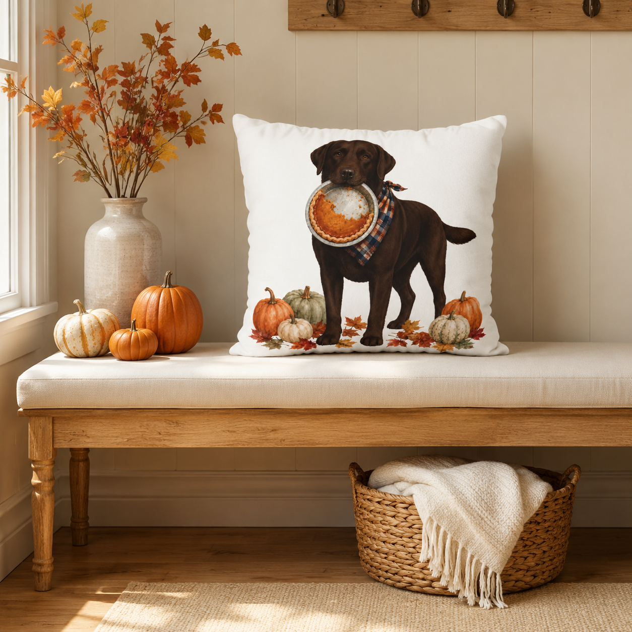 Thanksgiving Chocolate Lab Pillow Cover, Labrador Fall Decor, Pumpkin Pie Dog Lover Gift