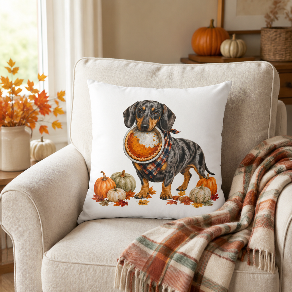 Dapple Dachshund Thanksgiving Pumpkin Pie Pillow Cover