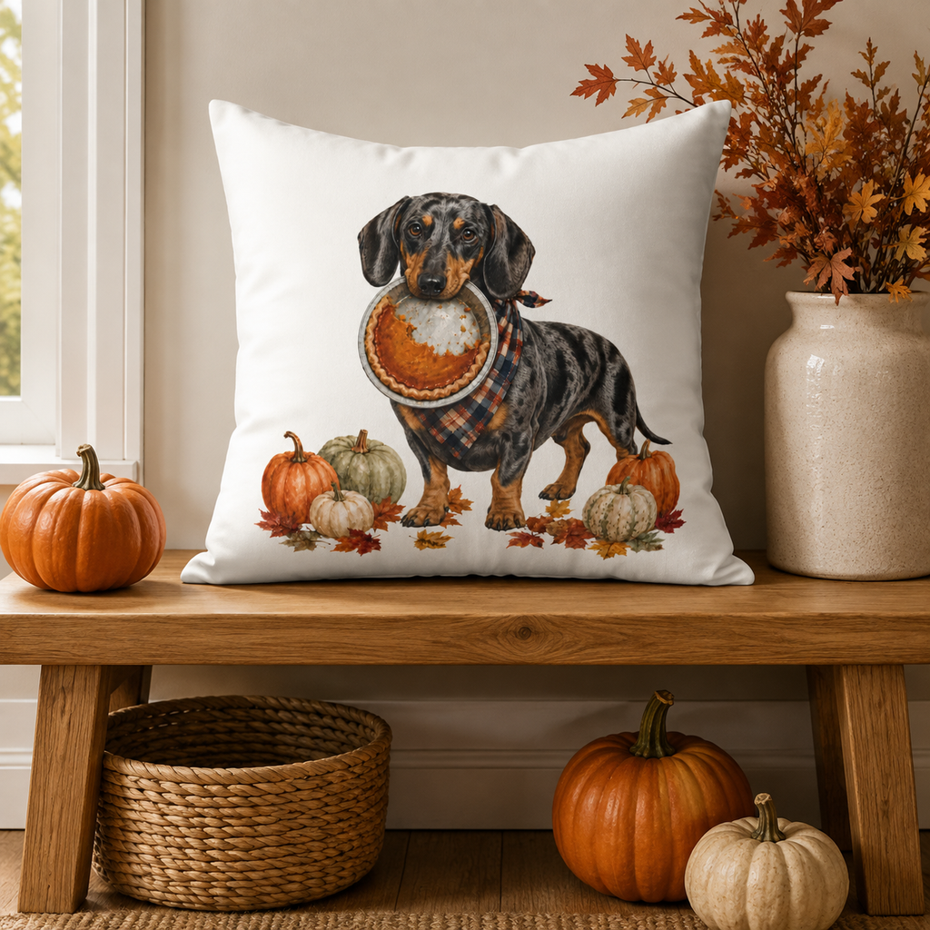 Dapple Dachshund Thanksgiving Pumpkin Pie Pillow Cover