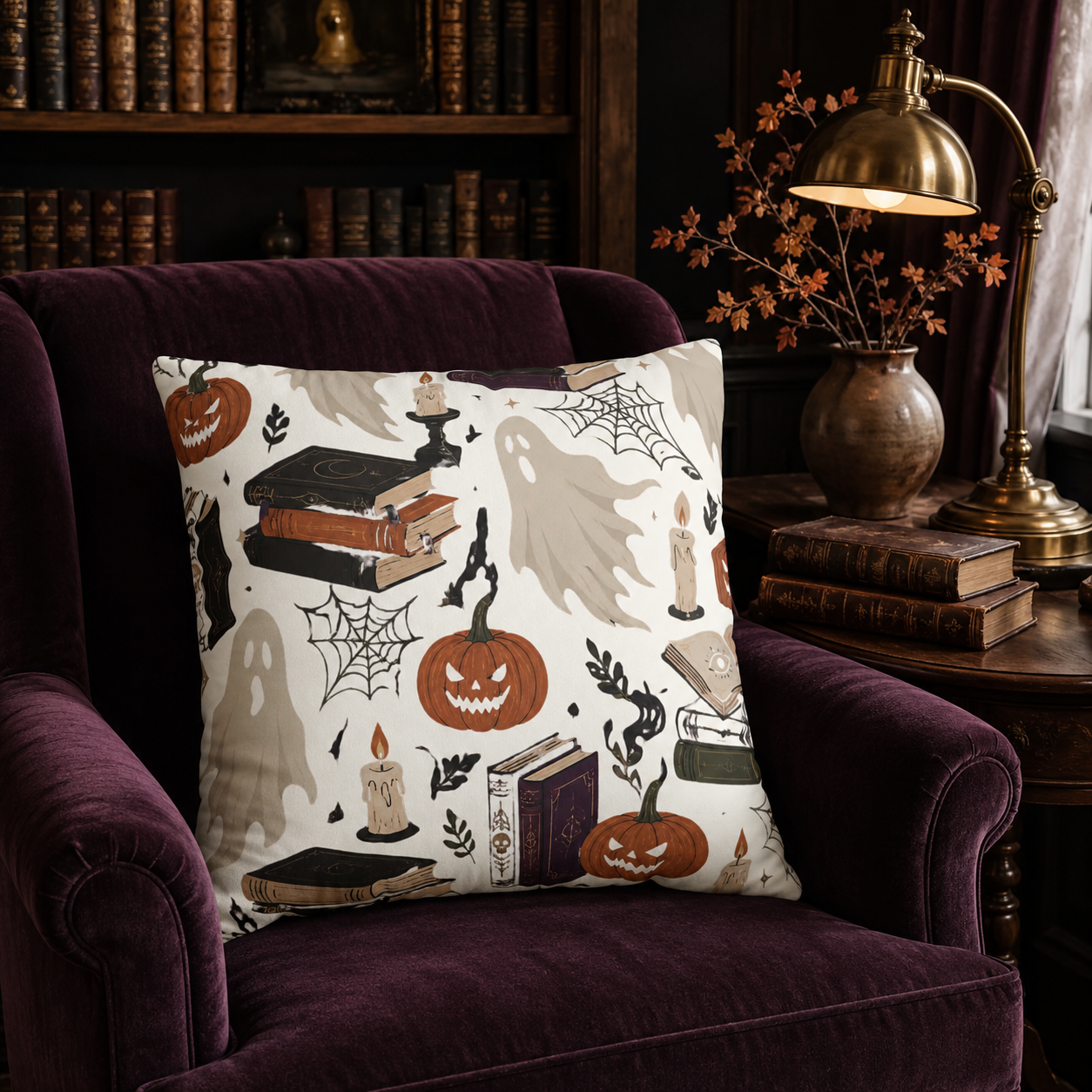 Vintage Bookish Halloween Pillow Cover
