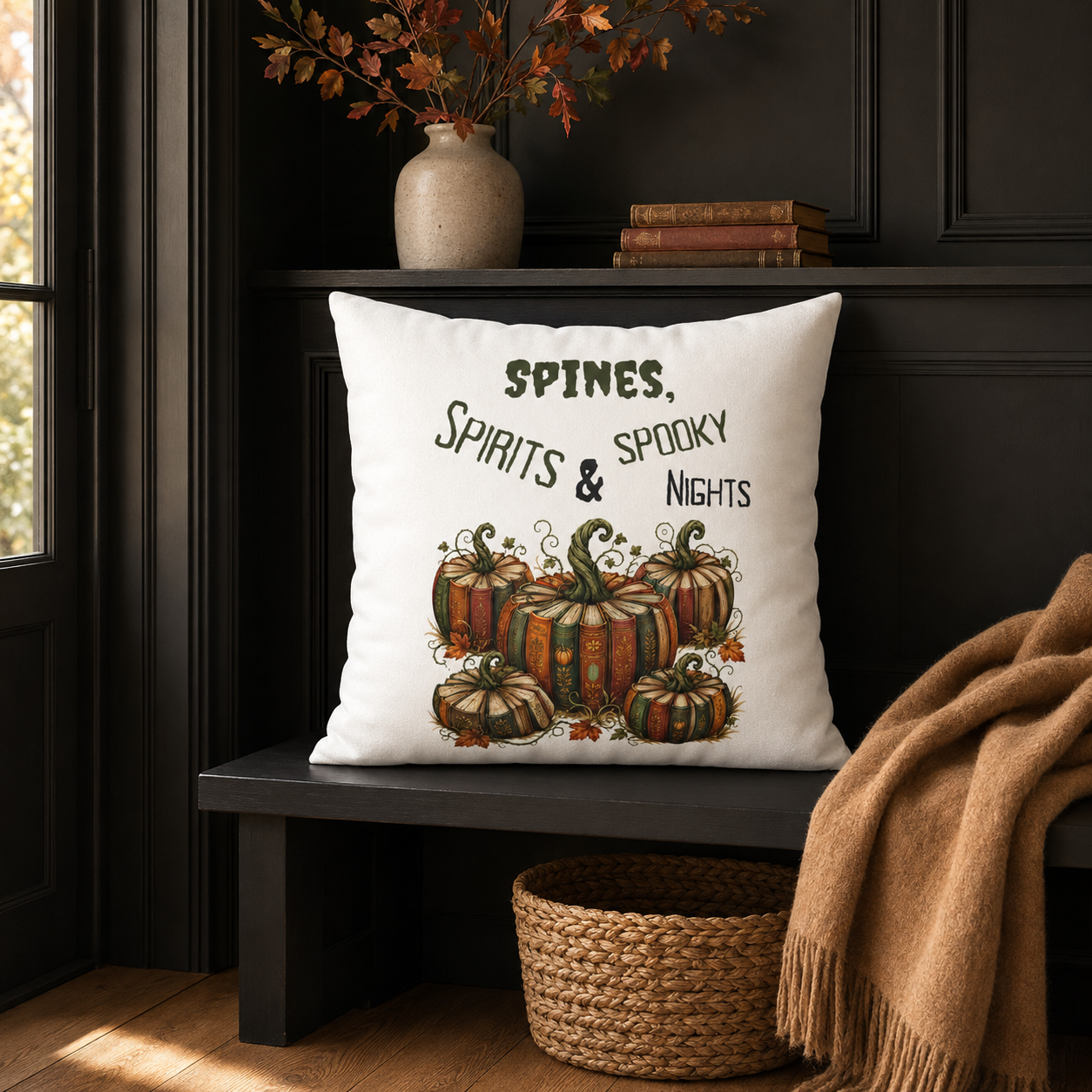 Spines, Spirits & Spooky Nights Book Pumpkin Pillow Cover