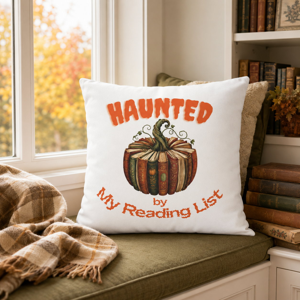 Haunted by My Reading List Book Lover Halloween Pillow Cover