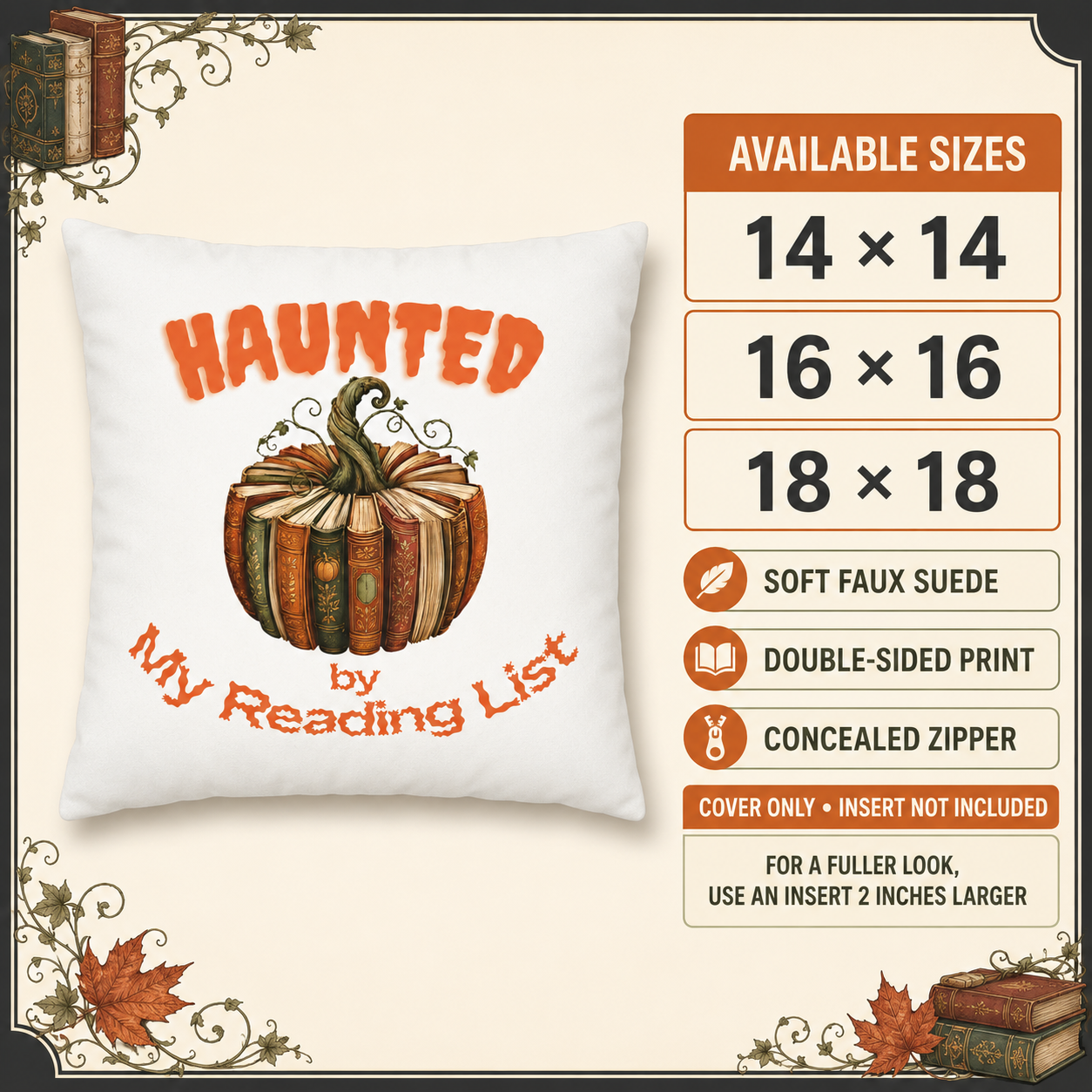 Haunted by My Reading List Book Lover Halloween Pillow Cover