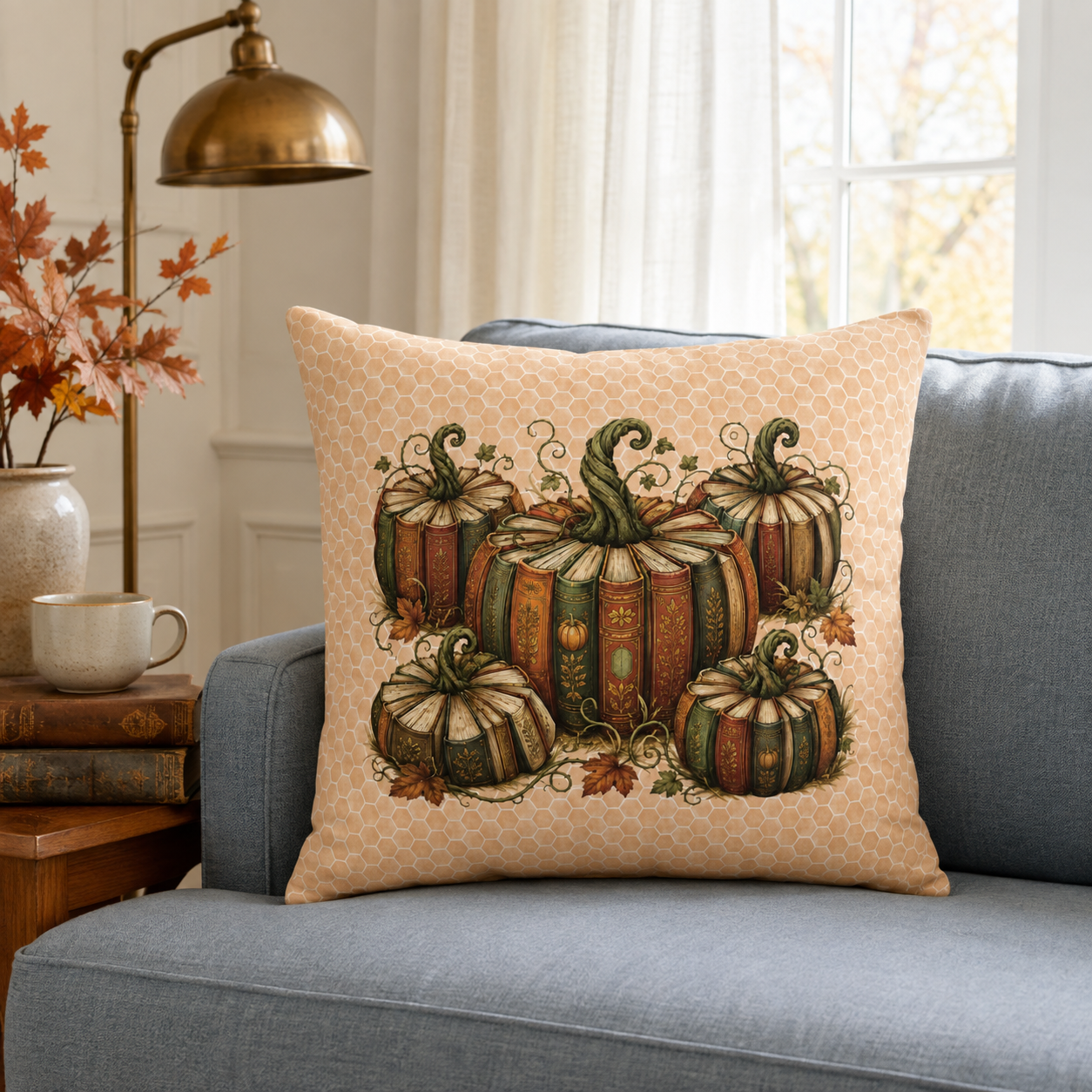 Vintage Book Pumpkin Patch Faux-Suede Fall Pillow Cover