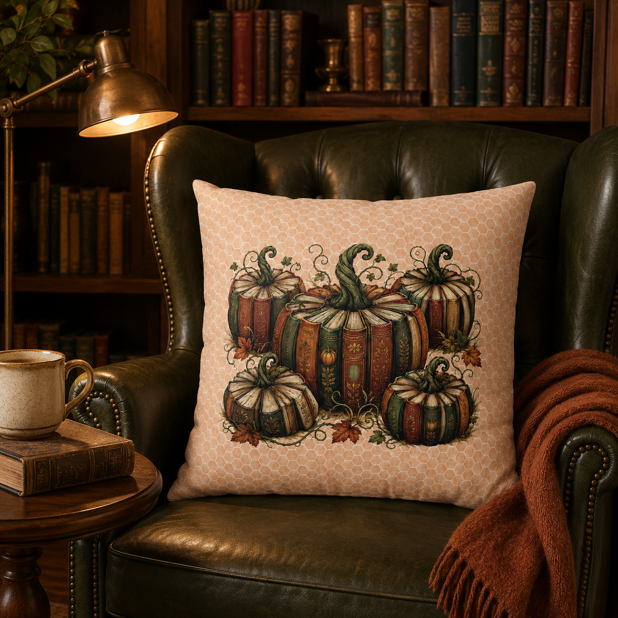 Vintage Book Pumpkin Patch Faux-Suede Fall Pillow Cover