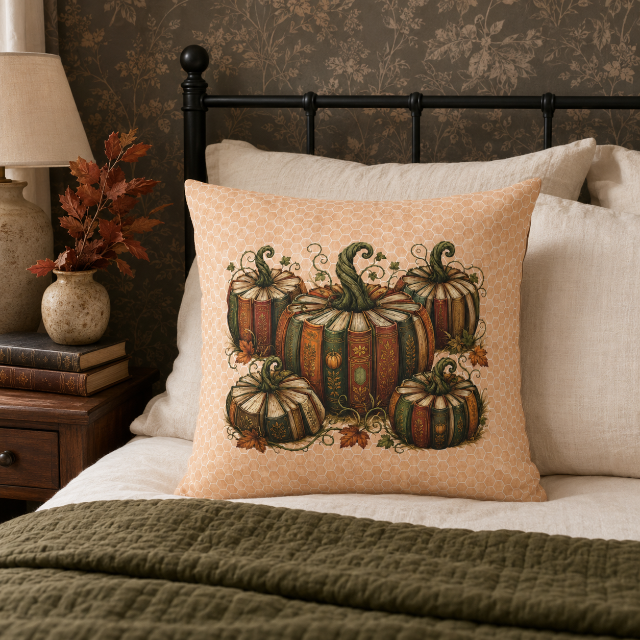 Vintage Book Pumpkin Patch Faux-Suede Fall Pillow Cover