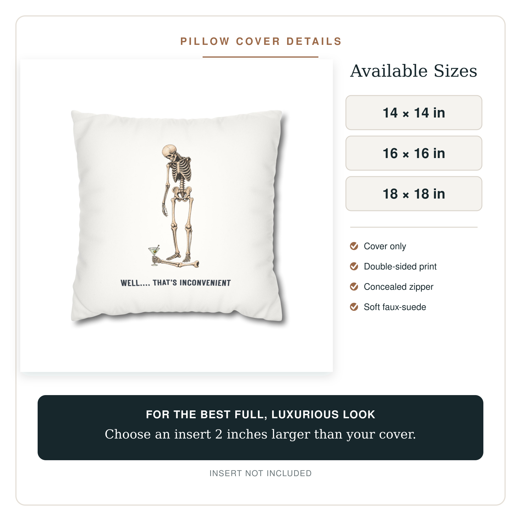 Skeleton & Bird Decorative Pillow — “Well… That’s Inconvenient” Faux Suede Throw Pillow