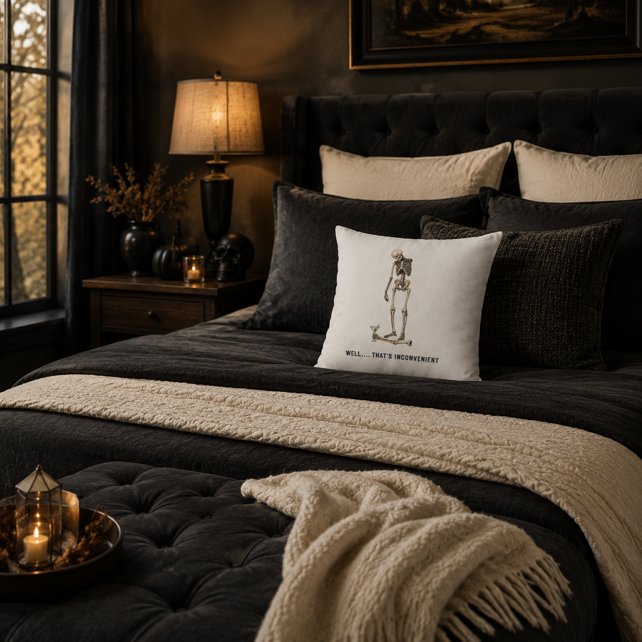 Skeleton & Bird Decorative Pillow — “Well… That’s Inconvenient” Faux Suede Throw Pillow
