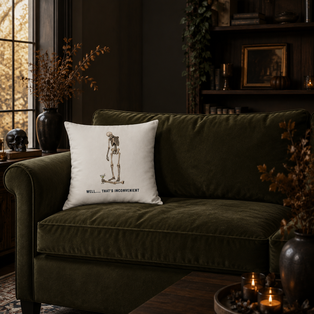 Skeleton & Bird Decorative Pillow — “Well… That’s Inconvenient” Faux Suede Throw Pillow
