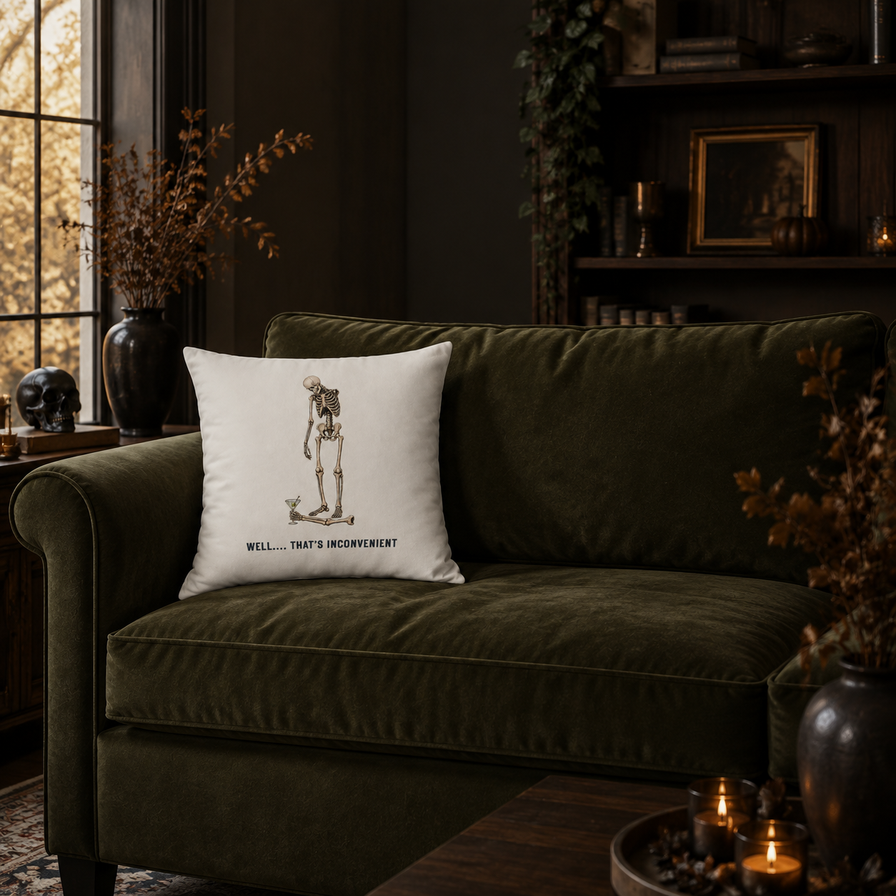 Skeleton & Bird Decorative Pillow — “Well… That’s Inconvenient” Faux Suede Throw Pillow