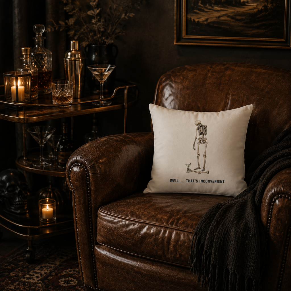 Skeleton & Bird Decorative Pillow — “Well… That’s Inconvenient” Faux Suede Throw Pillow