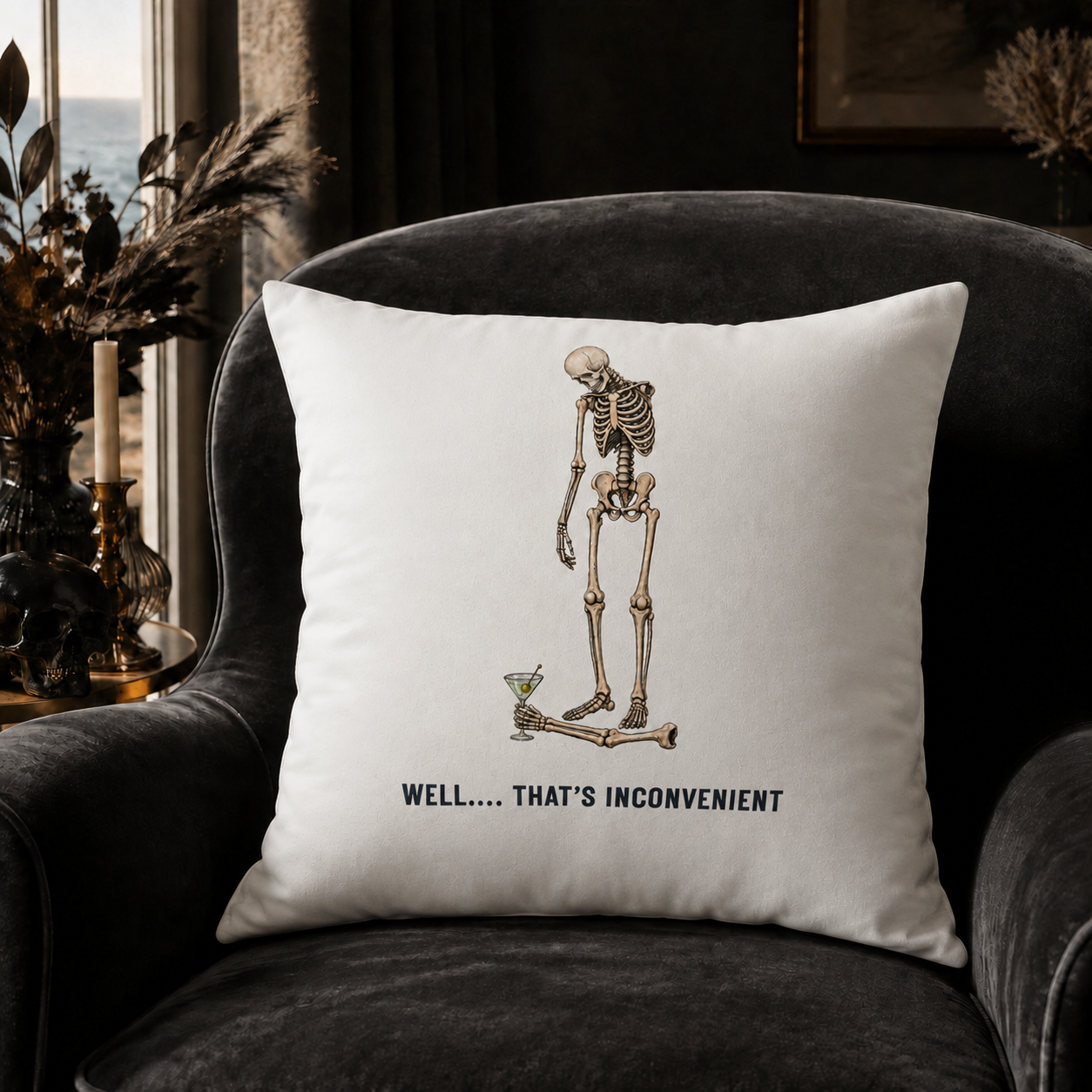 Skeleton & Bird Decorative Pillow — “Well… That’s Inconvenient” Faux Suede Throw Pillow