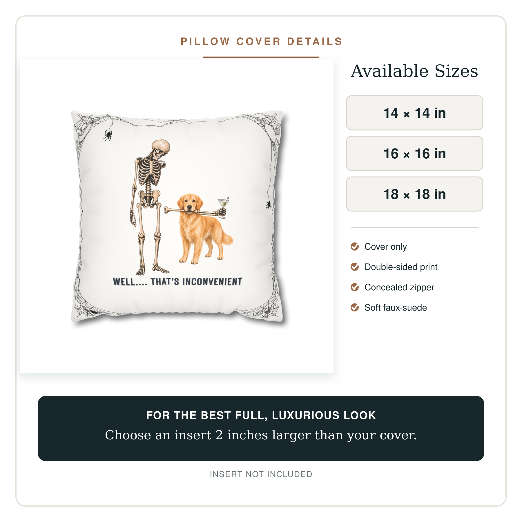 Halloween Skeleton & Golden Retriever  with Martini Pillowcase — “Well... That’s Inconvenient” Faux Suede Square Pillow