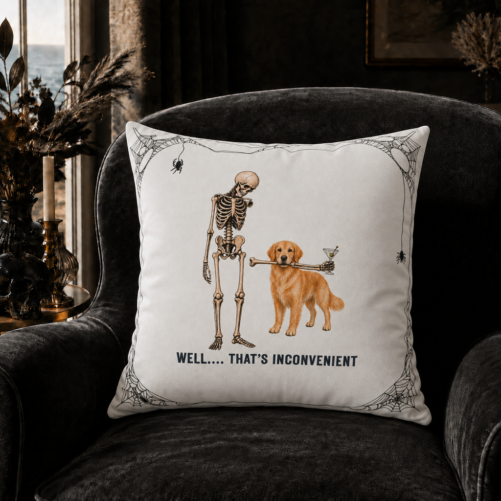 Halloween Skeleton & Golden Retriever  with Martini Pillowcase — “Well... That’s Inconvenient” Faux Suede Square Pillow