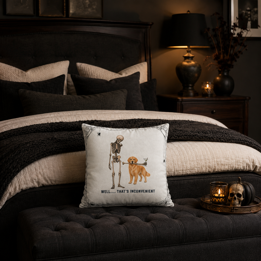 Halloween Skeleton & Golden Retriever  with Martini Pillowcase — “Well... That’s Inconvenient” Faux Suede Square Pillow