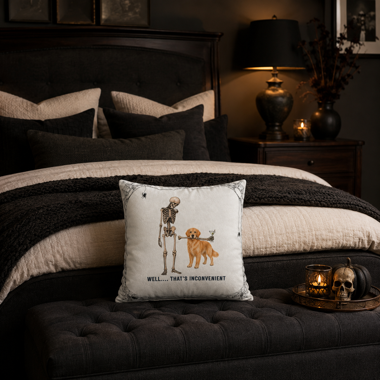 Halloween Skeleton & Golden Retriever  with Martini Pillowcase — “Well... That’s Inconvenient” Faux Suede Square Pillow