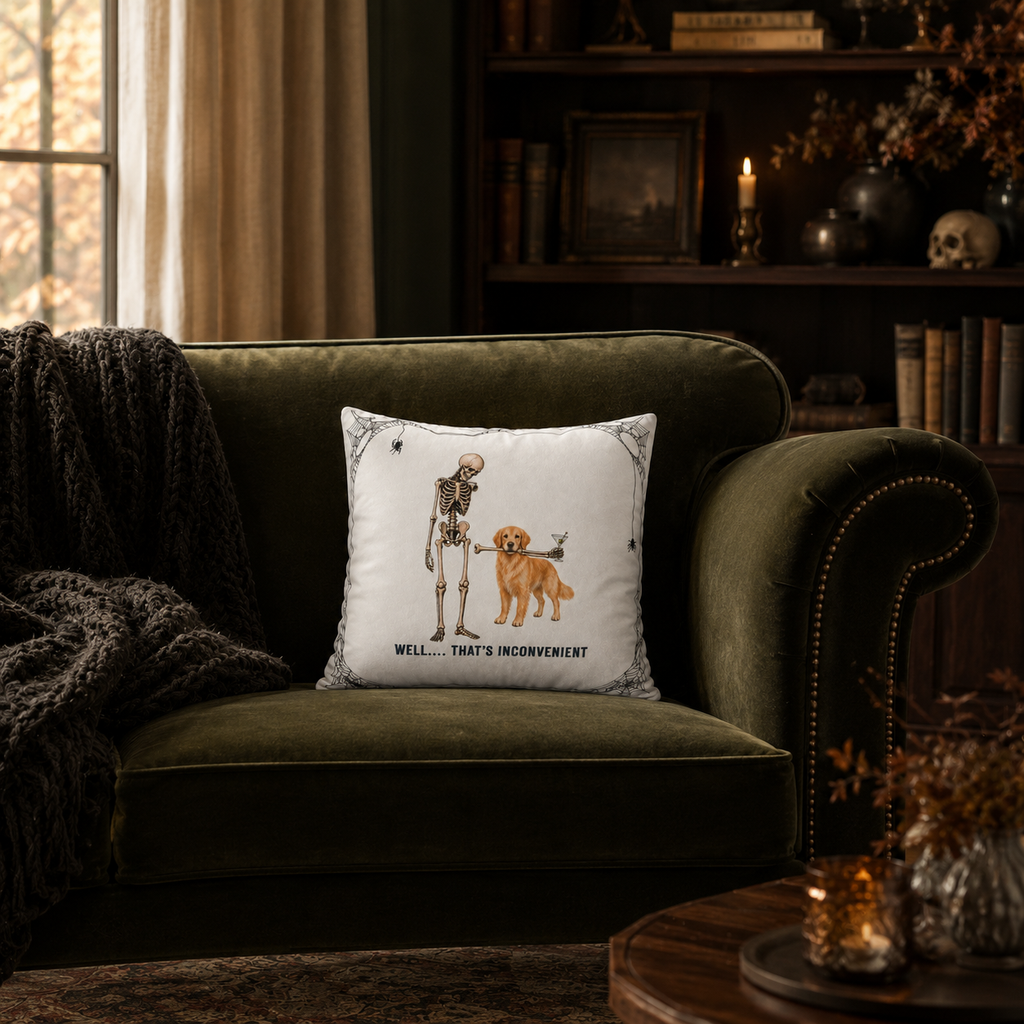 Halloween Skeleton & Golden Retriever  with Martini Pillowcase — “Well... That’s Inconvenient” Faux Suede Square Pillow