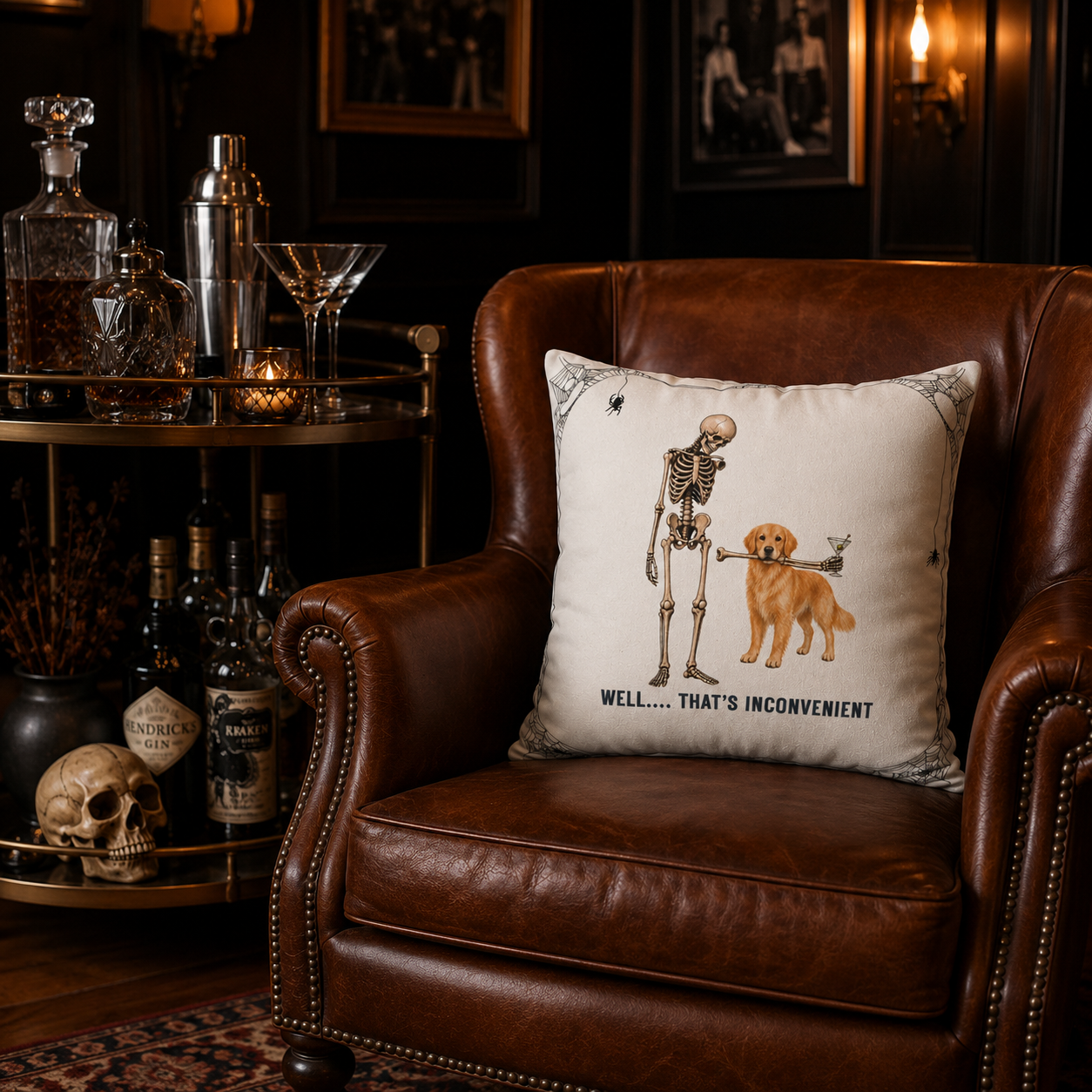 Halloween Skeleton & Golden Retriever  with Martini Pillowcase — “Well... That’s Inconvenient” Faux Suede Square Pillow