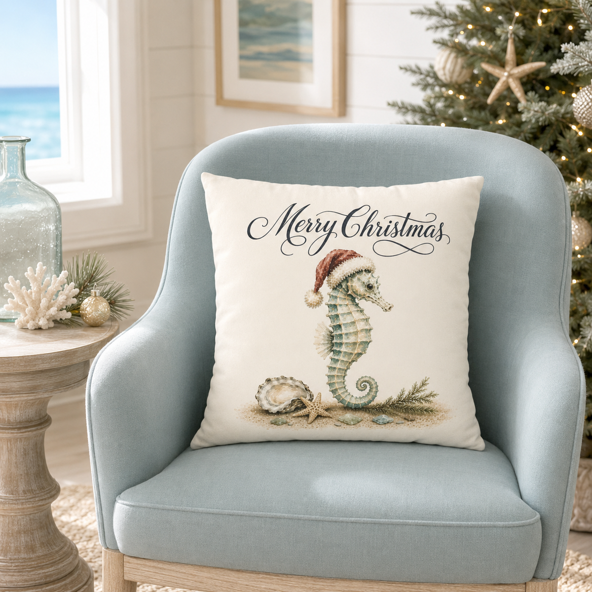 Christmas seahorse decorative pillow cover with coastal watercolor artwork and festive holiday details, designed for beach house Christmas decorating, ocean lovers and seaside homes.