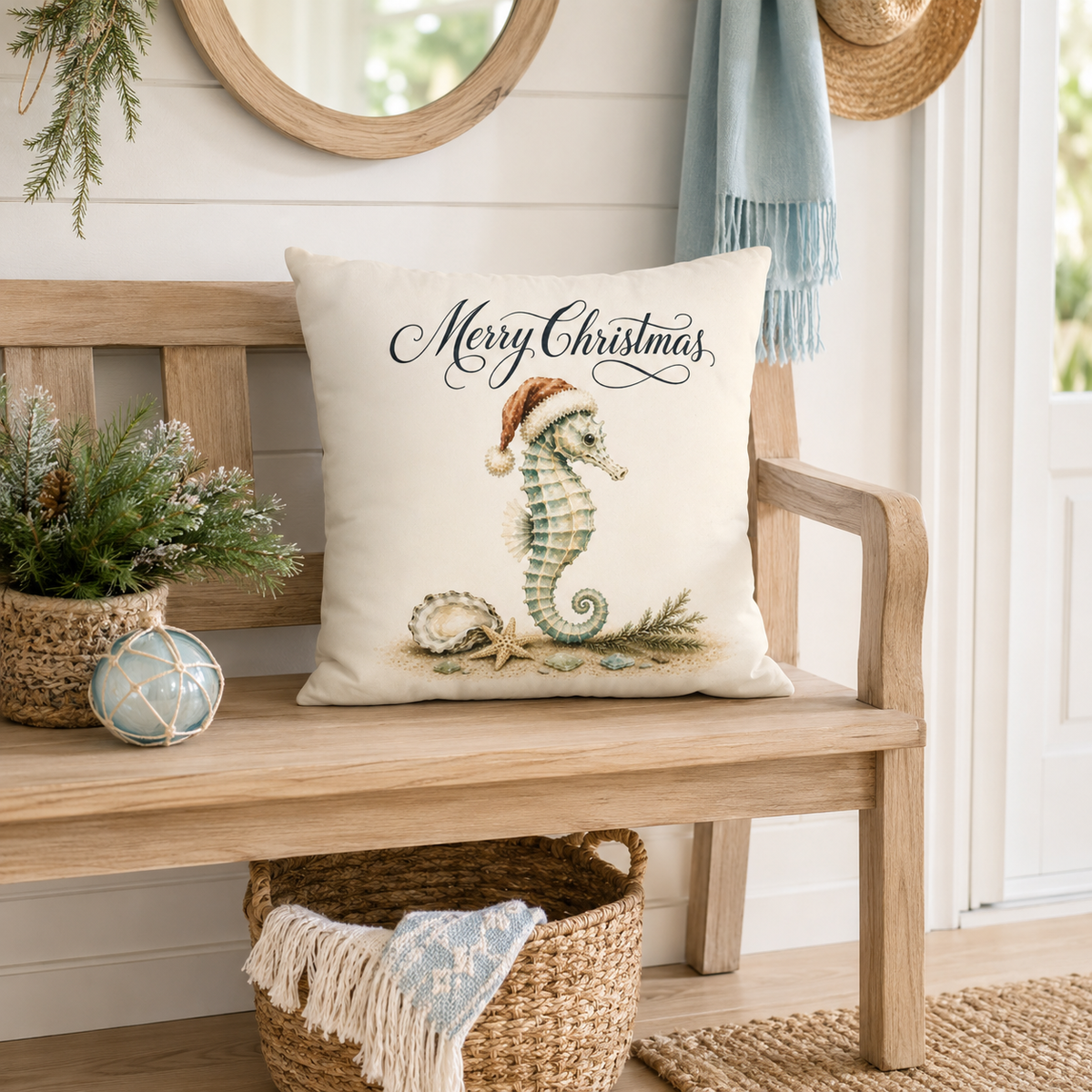 Coastal holiday pillow cover featuring a festive watercolor seahorse design, soft faux suede fabric and beach-inspired Christmas colors for coastal living room and bedroom decor.