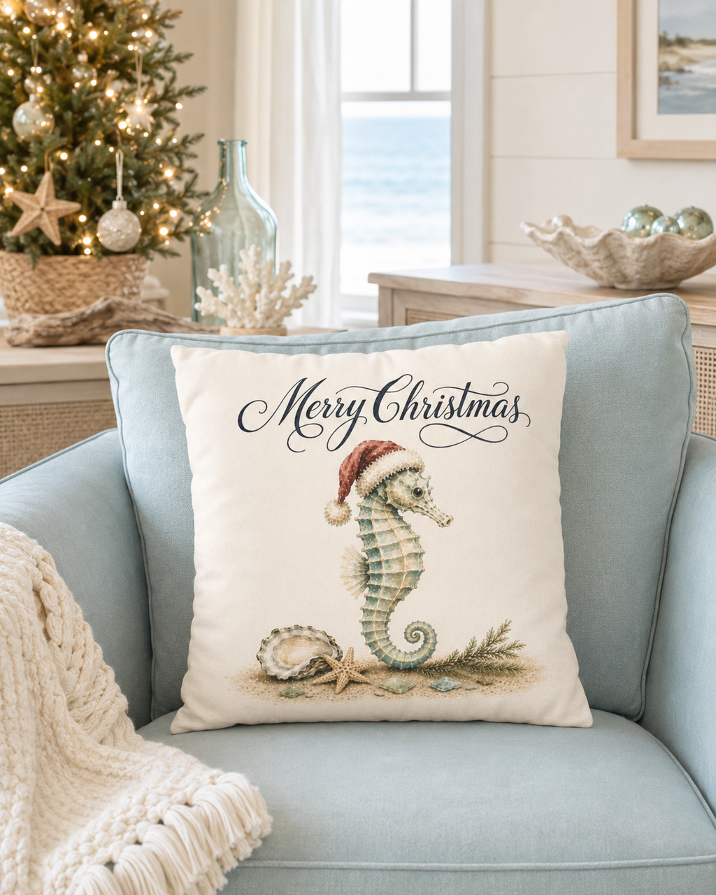 Christmas Seahorse faux suede pillow cover featuring coastal holiday artwork, a festive ocean-inspired accent for beach houses, coastal cottages, guest rooms and seaside Christmas decorating.