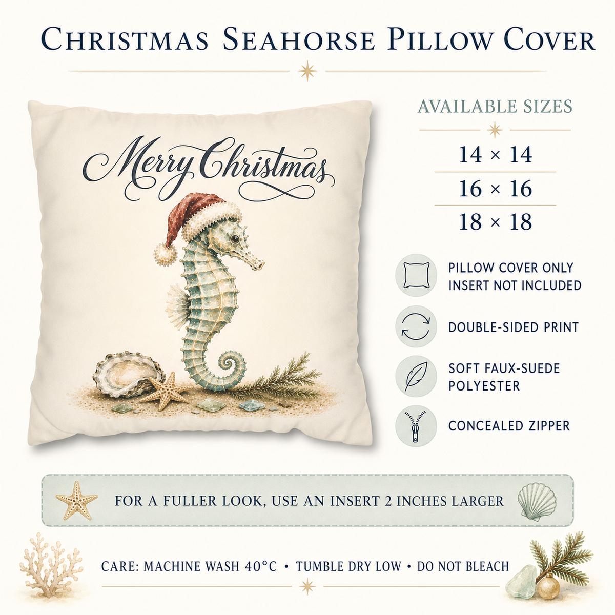 Christmas Seahorse pillow cover available in 14, 16 and 18 inch square sizes, featuring coastal holiday artwork on soft faux suede with a concealed zipper; pillow insert not included.