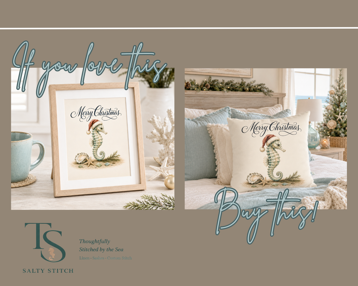 Coastal Christmas pillow cover featuring a festive seahorse watercolor design on soft faux suede, created for beach house sofas, accent chairs, bedrooms and holiday guest rooms.