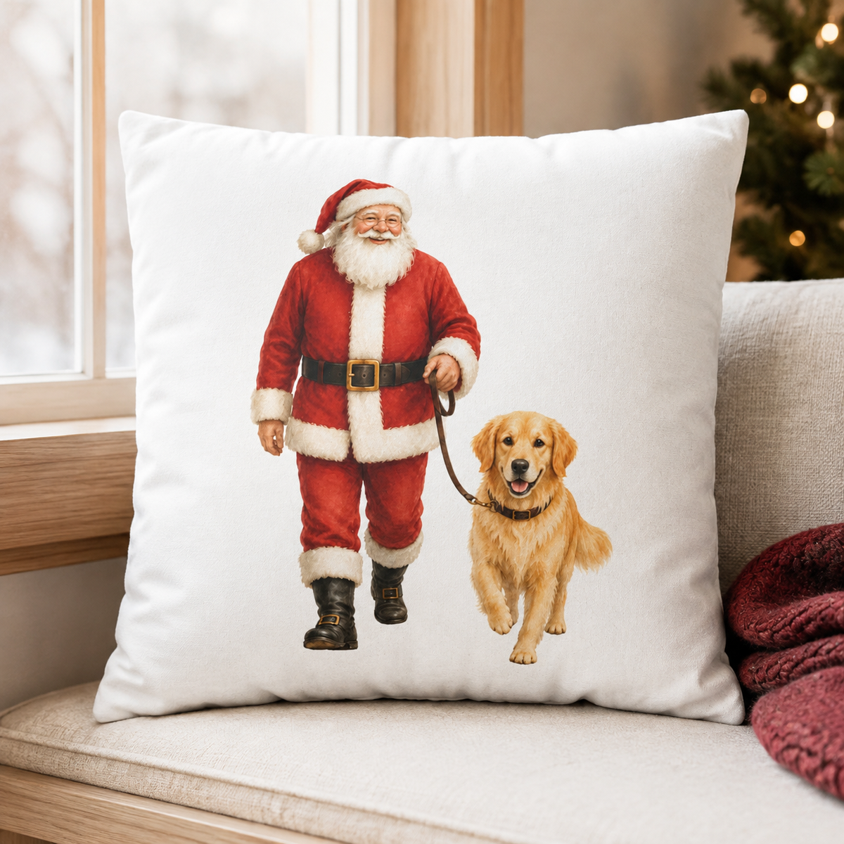 Santa Sleigh with Reindeer Pillow Cover, Christmas Winter Decor, shown as a decorative holiday faux-suede pillow cover for
Christmas living room, bedroom, sofa or chair styling.

