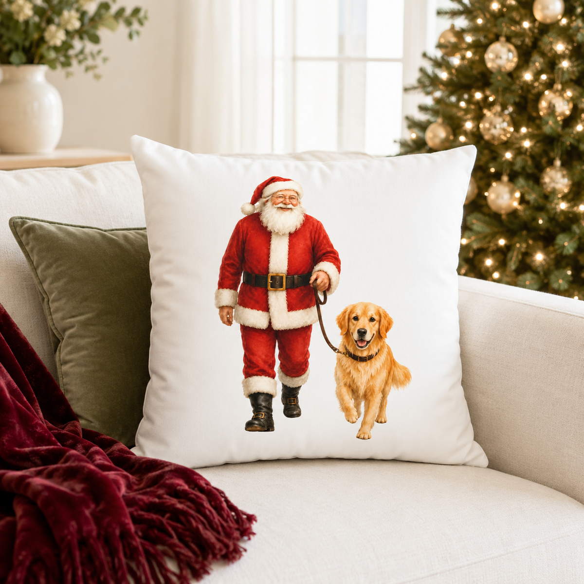 Santa Sleigh with Reindeer Pillow Cover, Christmas Winter Decor, shown as a decorative holiday faux-suede pillow cover for
Christmas living room, bedroom, sofa or chair styling.
