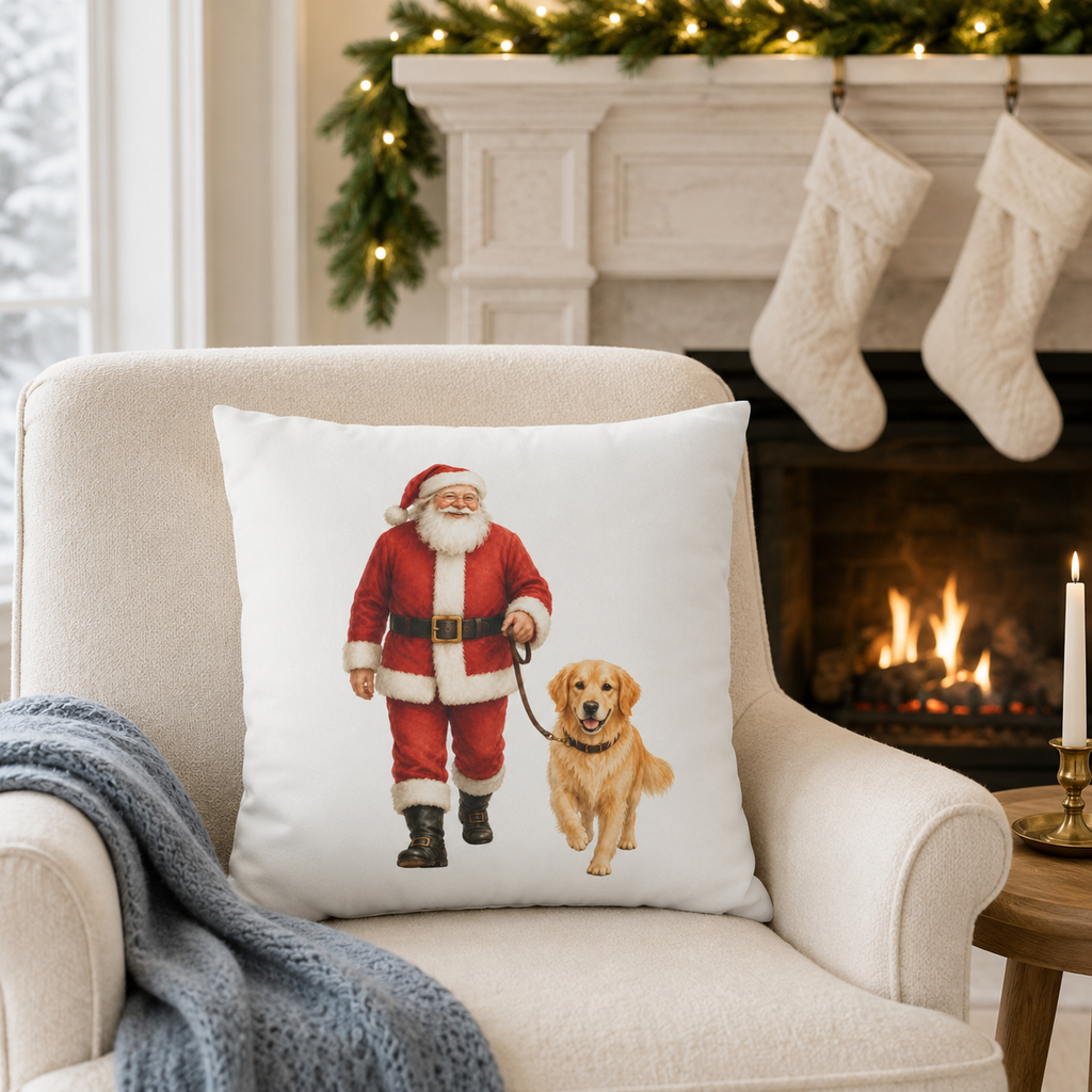 Santa Sleigh with Reindeer Pillow Cover, Christmas Winter Decor, shown as a decorative holiday faux-suede pillow cover for
Christmas living room, bedroom, sofa or chair styling.
