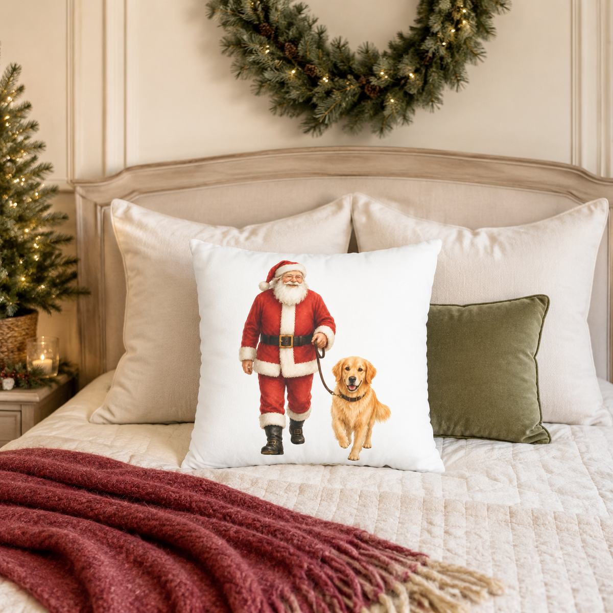 Santa Sleigh with Reindeer Pillow Cover, Christmas Winter Decor, shown as a decorative holiday faux-suede pillow cover for
Christmas living room, bedroom, sofa or chair styling.
