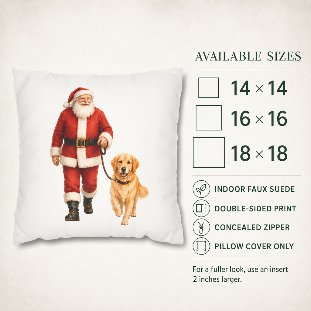 Santa Sleigh with Reindeer Pillow Cover, Christmas Winter Decor, shown as a decorative holiday faux-suede pillow cover for
Christmas living room, bedroom, sofa or chair styling.
