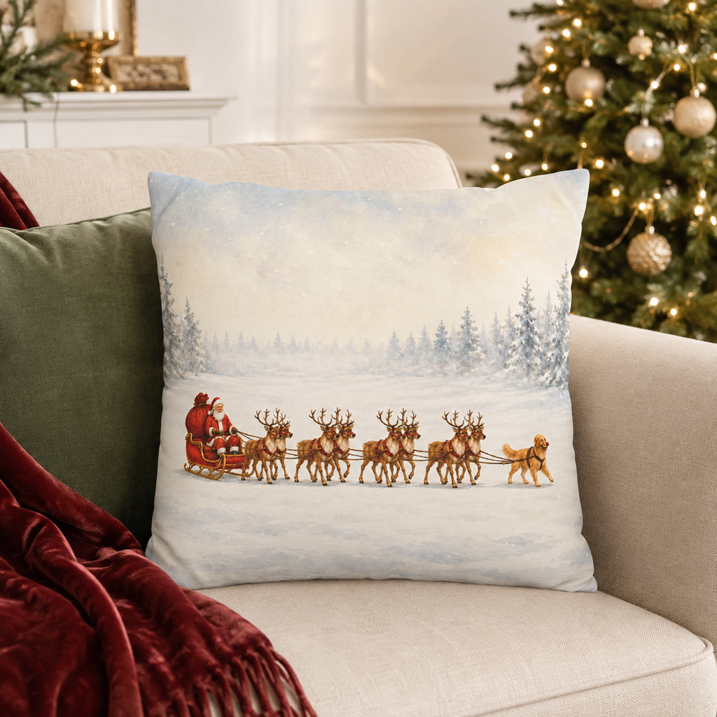 Santa Sleigh with Reindeer Pillow Cover, Christmas Winter Decor
