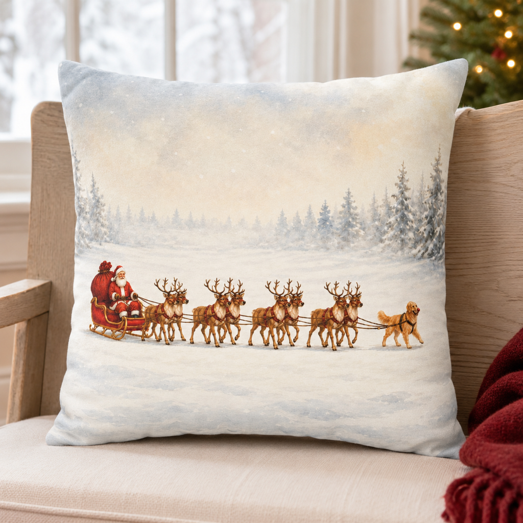 Santa Sleigh with Reindeer Pillow Cover, Christmas Winter Decor