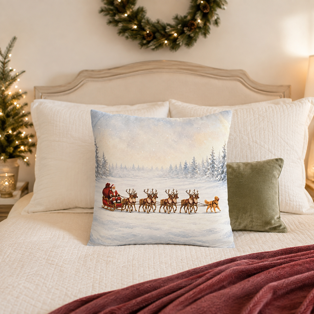 Santa Sleigh with Reindeer Pillow Cover, Christmas Winter Decor