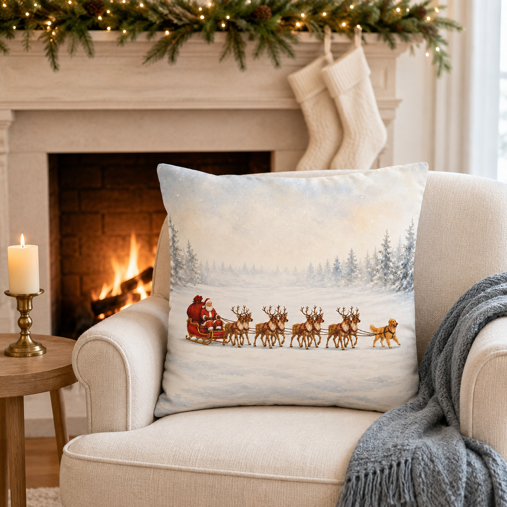 Santa Sleigh with Reindeer Pillow Cover, Christmas Winter Decor