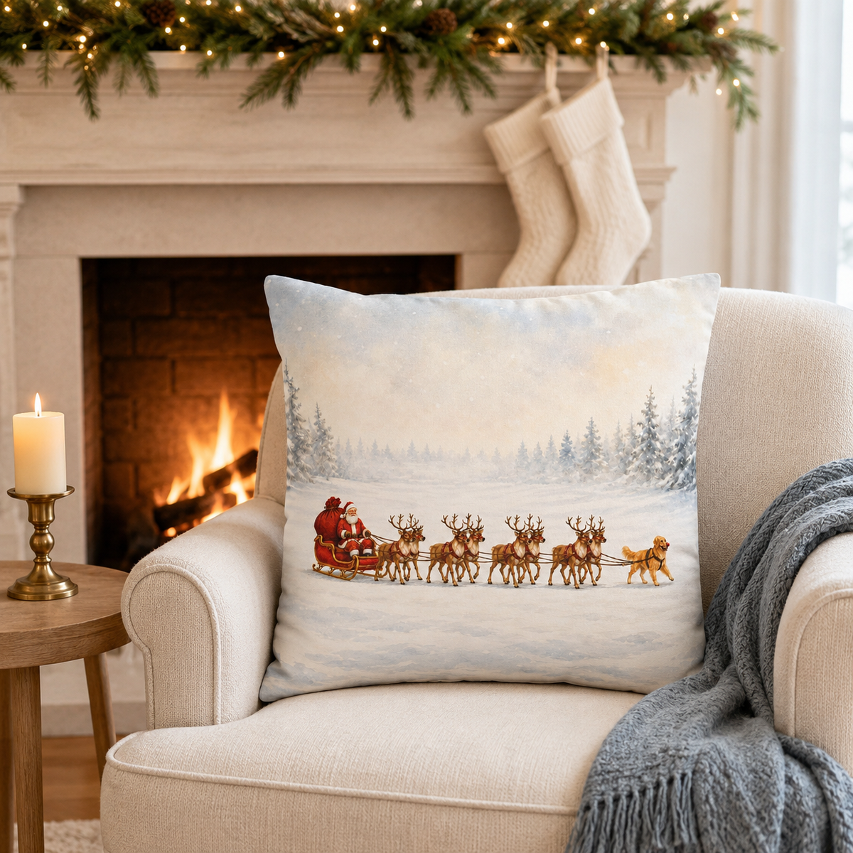 Santa Sleigh with Reindeer Pillow Cover, Christmas Winter Decor