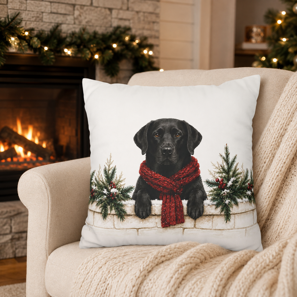 Black Lab Christmas Pillow Cover, Labrador Retriever Holiday Decor, Dog Lover Gift