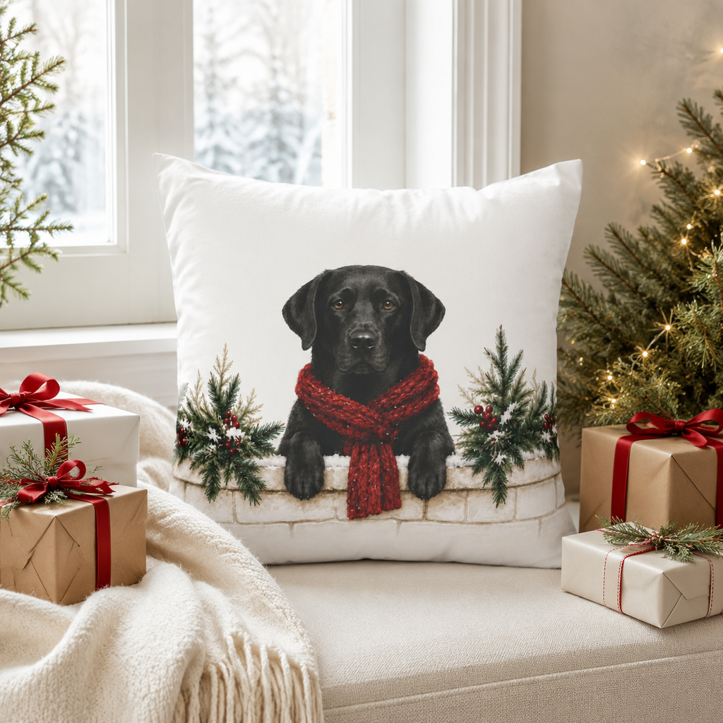 Black Lab Christmas Pillow Cover, Labrador Retriever Holiday Decor, Dog Lover Gift