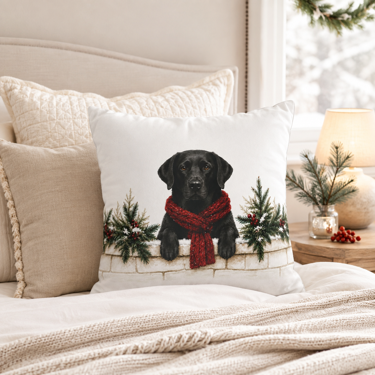 Black Lab Christmas Pillow Cover, Labrador Retriever Holiday Decor, Dog Lover Gift
